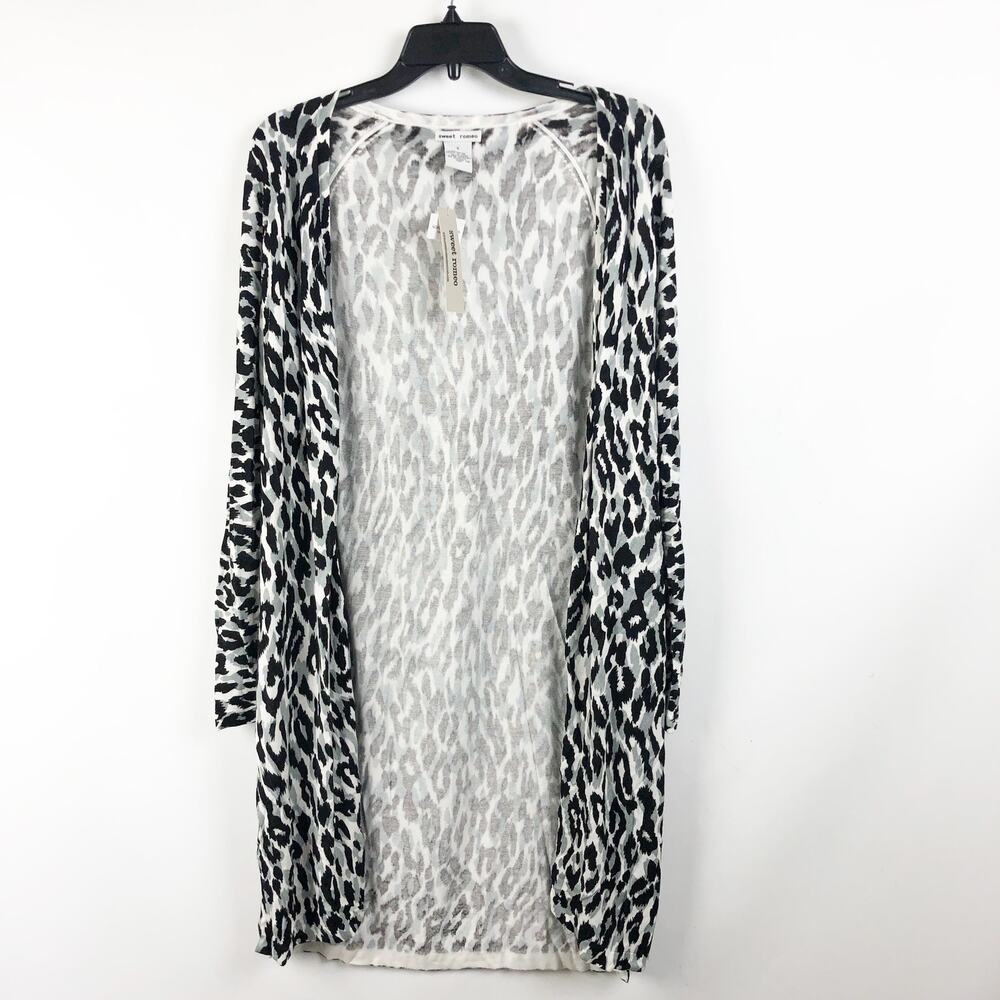 Sweet Romeo Womens Long Cardigan Small Gray Leopard Print Open Sweater NWT